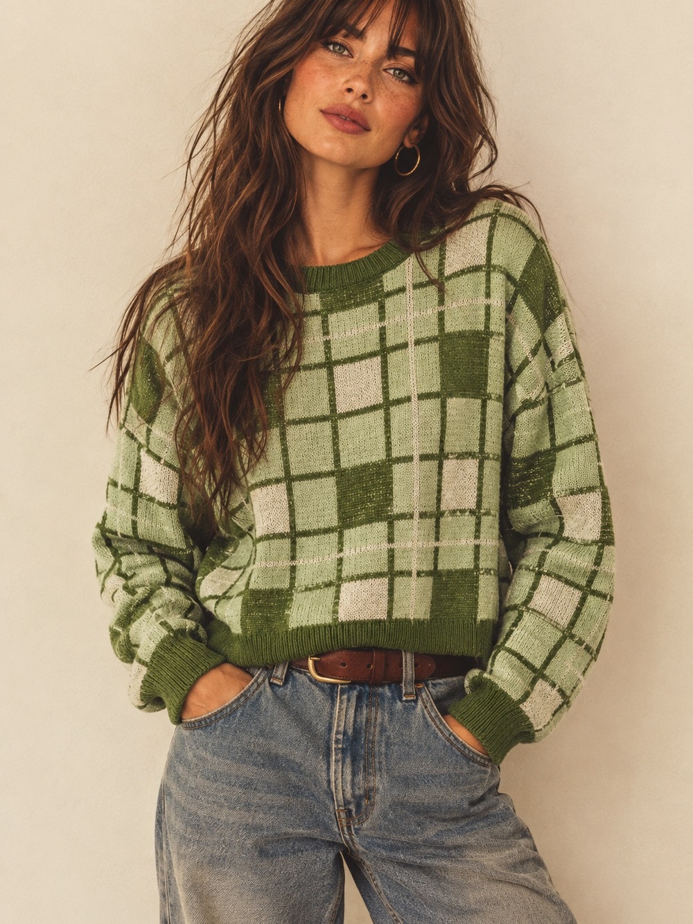 Vintage Cozy Crop Checkered Pullover Sweater | Green | Size Small